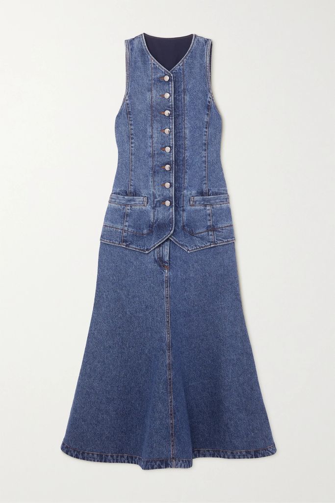 + Net Sustain Flared Recycled-denim Midi Dress - Blue