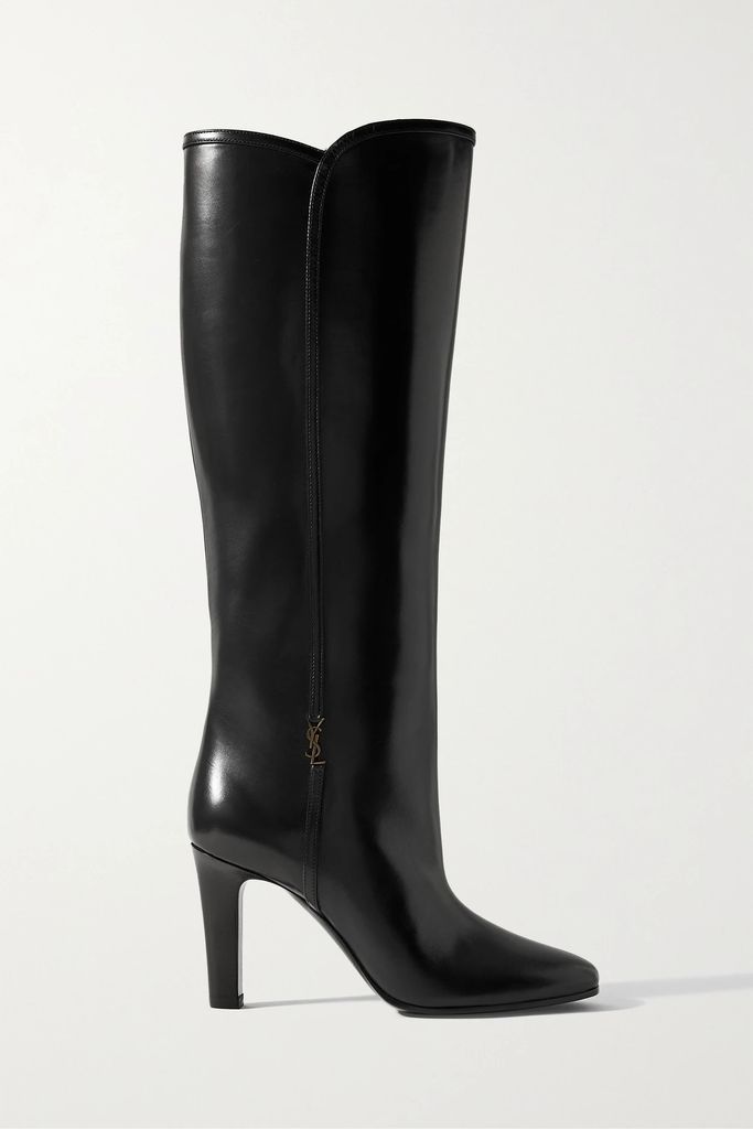 Jane Embellished Leather Knee Boots - Black