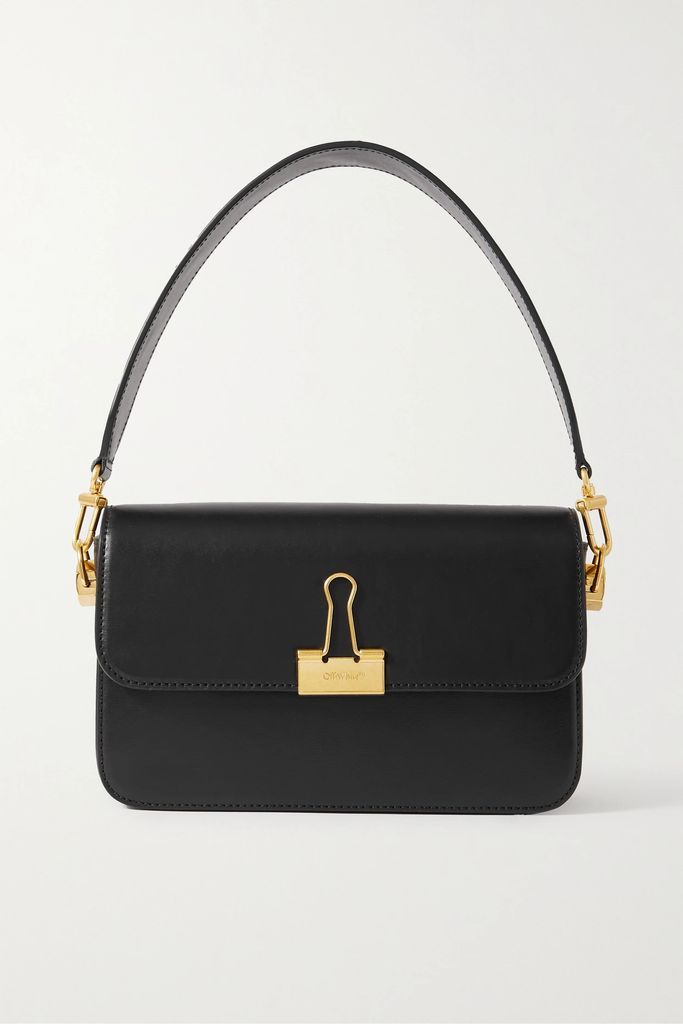 Plain Binder Medium Embellished Leather Shoulder Bag - Black