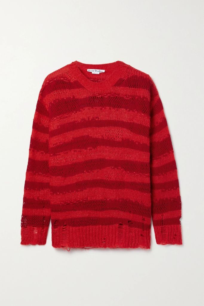 Distressed Striped Knitted Sweater - Red
