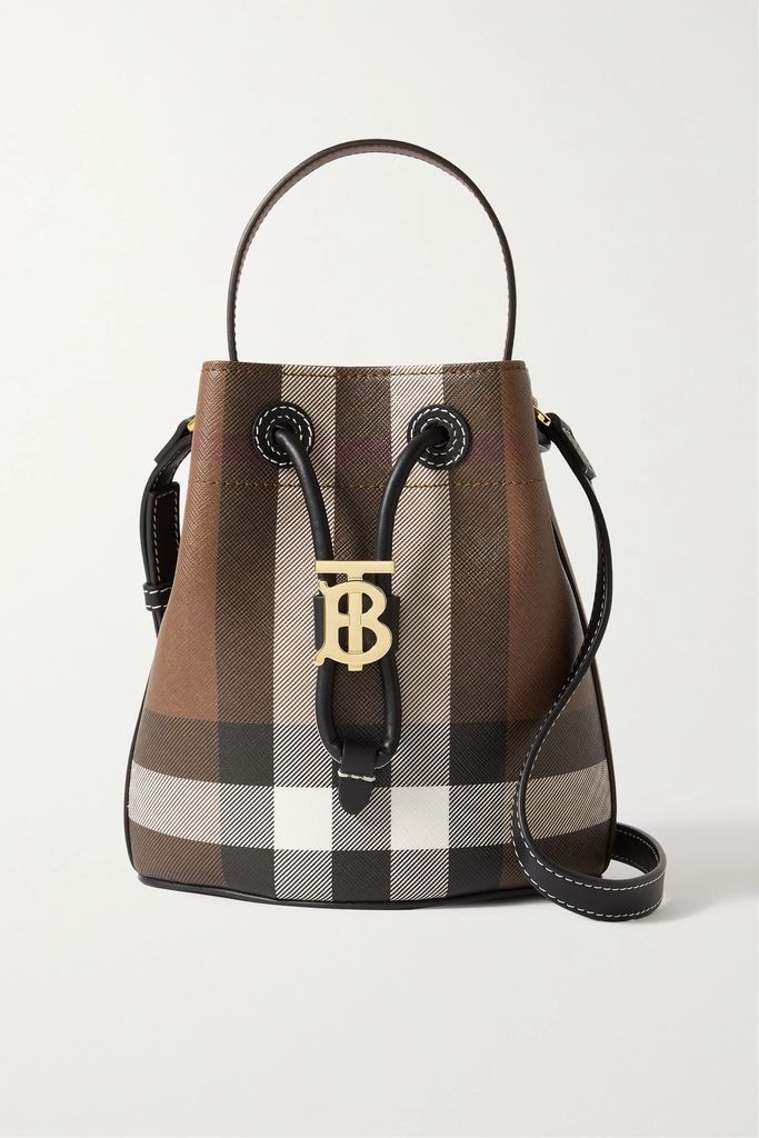 Leather-trimmed Checked Coated-canvas Bucket Bag - Brown