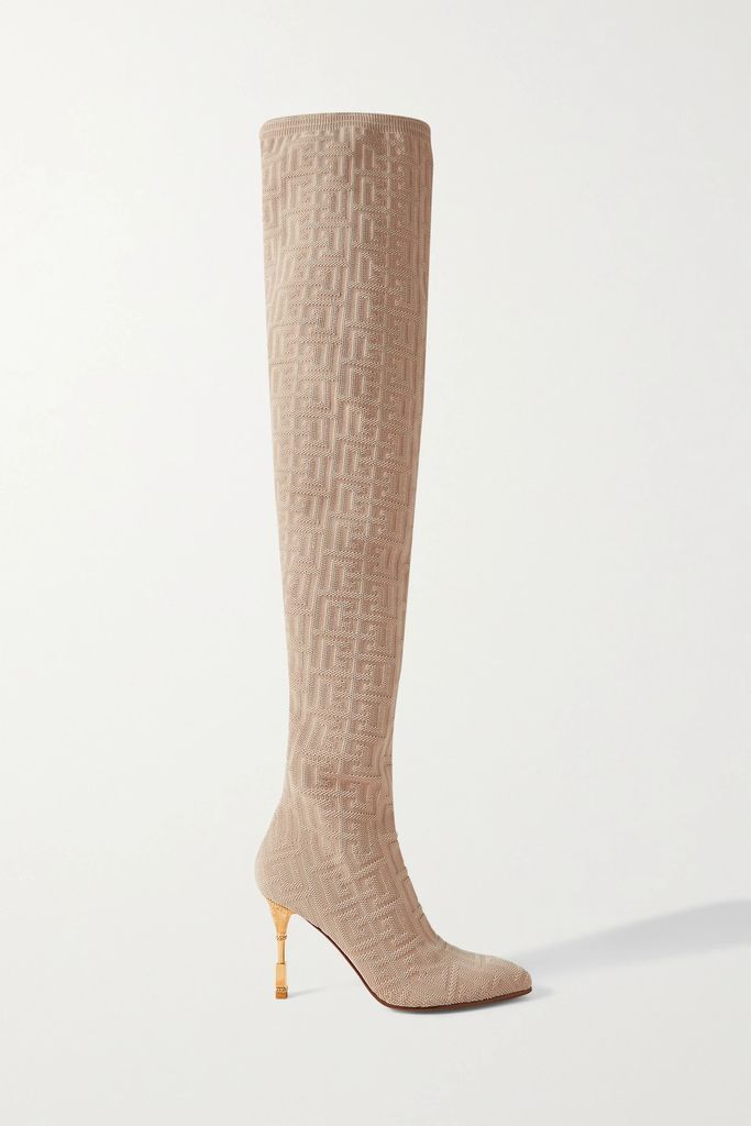 Stretch-jacquard Over-the-knee Boots - Beige