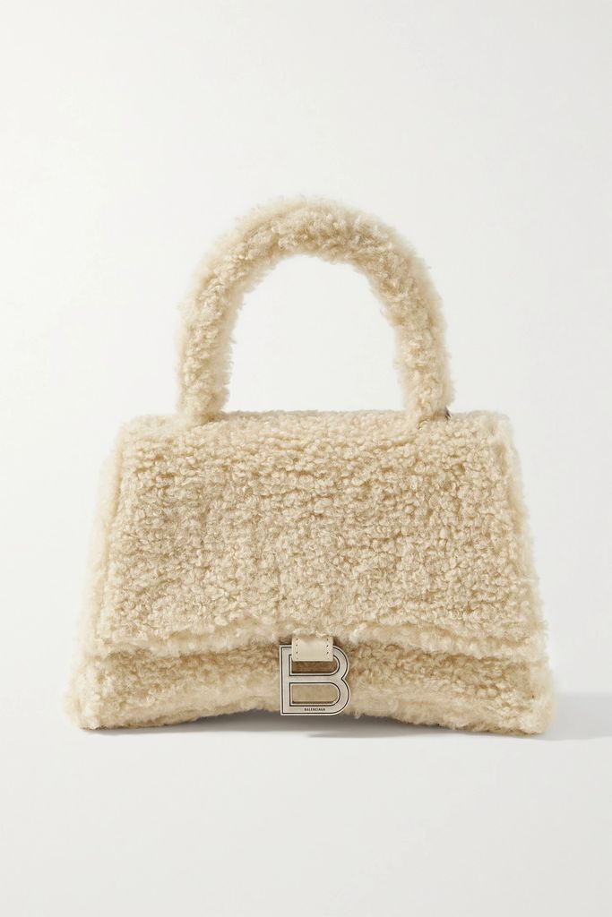 Hourglass Small Leather-trimmed Faux Shearling Tote - Beige