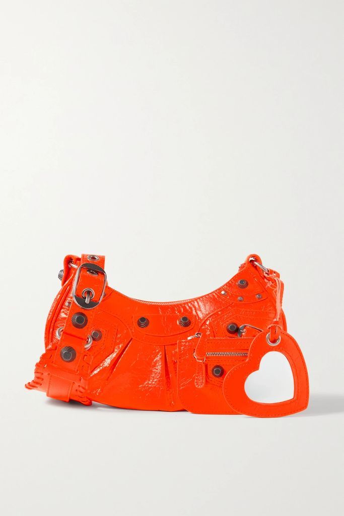 Le Cagole Xs Studded Neon Crinkled-leather Shoulder Bag - Orange