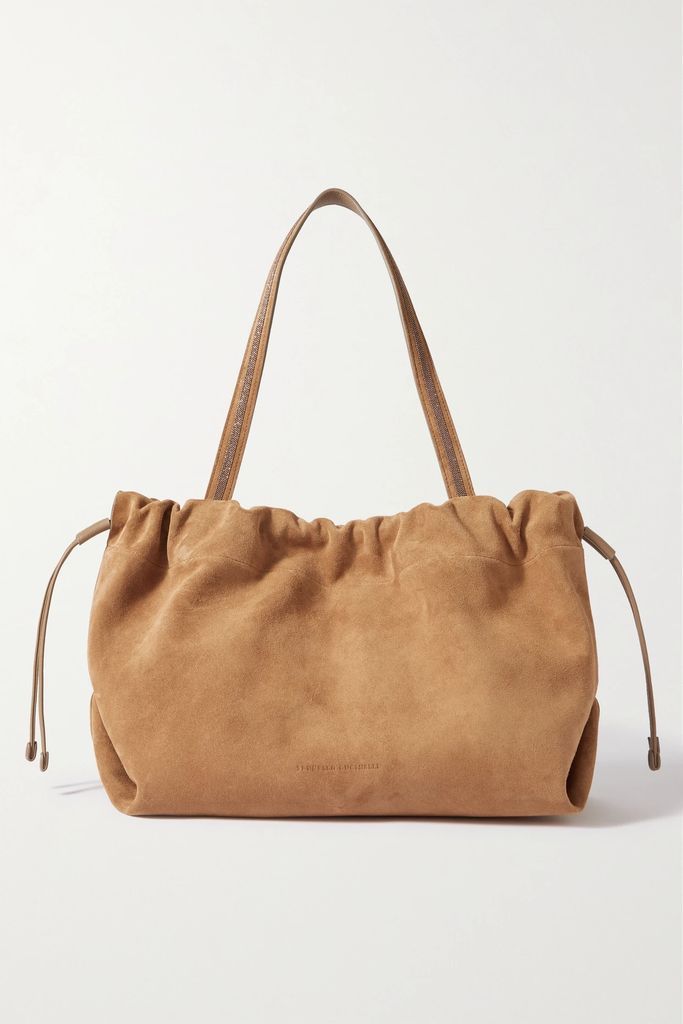 Leather-trimmed Bead-embellished Suede Tote - Tan