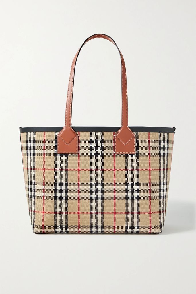 Leather-trimmed Checked Canvas Tote - Brown