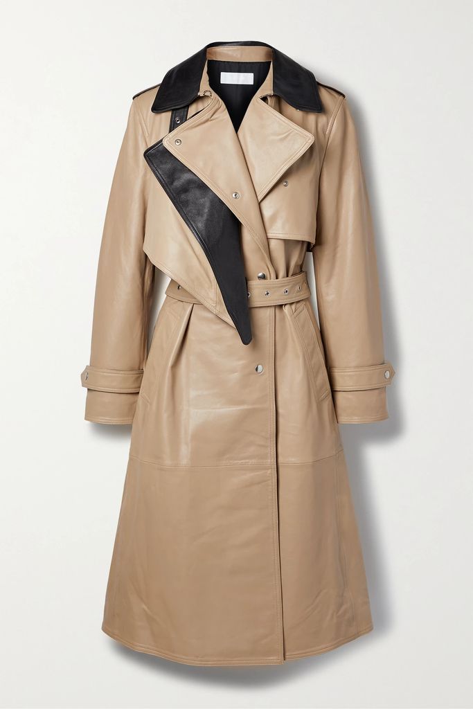 Belted Layered Two-tone Leather Trench Coat - Sand