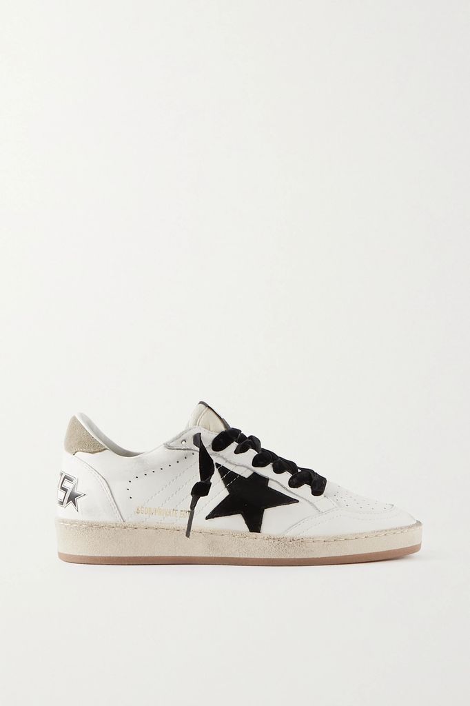 Ball Star Distressed Printed Suede-trimmed Leather Sneakers - White