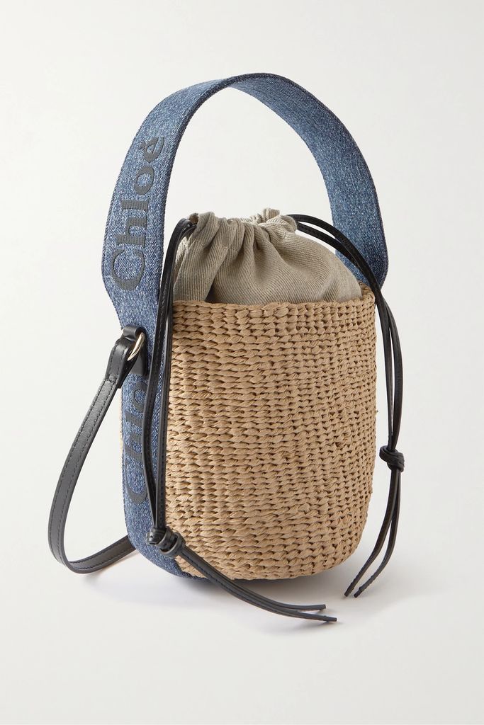 + Net Sustain Woody Small Denim-trimmed Raffia Basket Bag - Navy