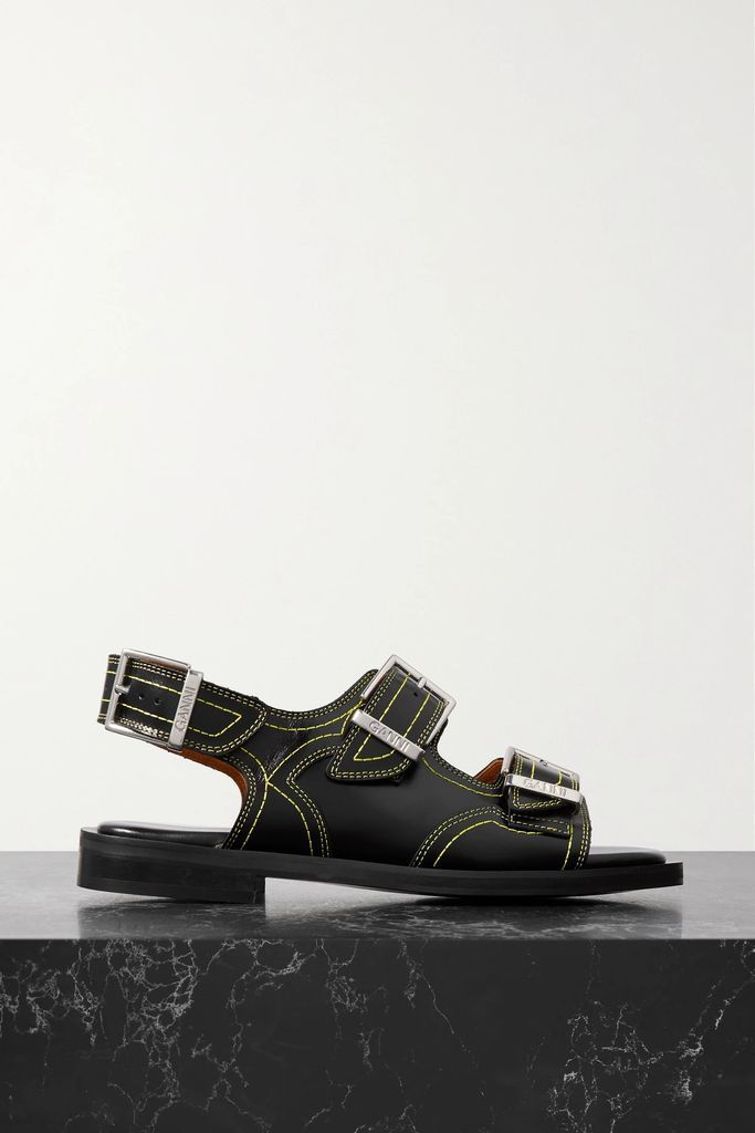 Topstitched Leather Sandals - Black