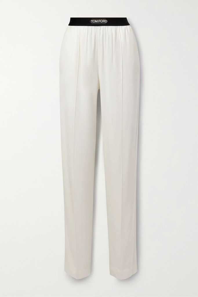 Velvet-trimmed Satin-twill Pants - White