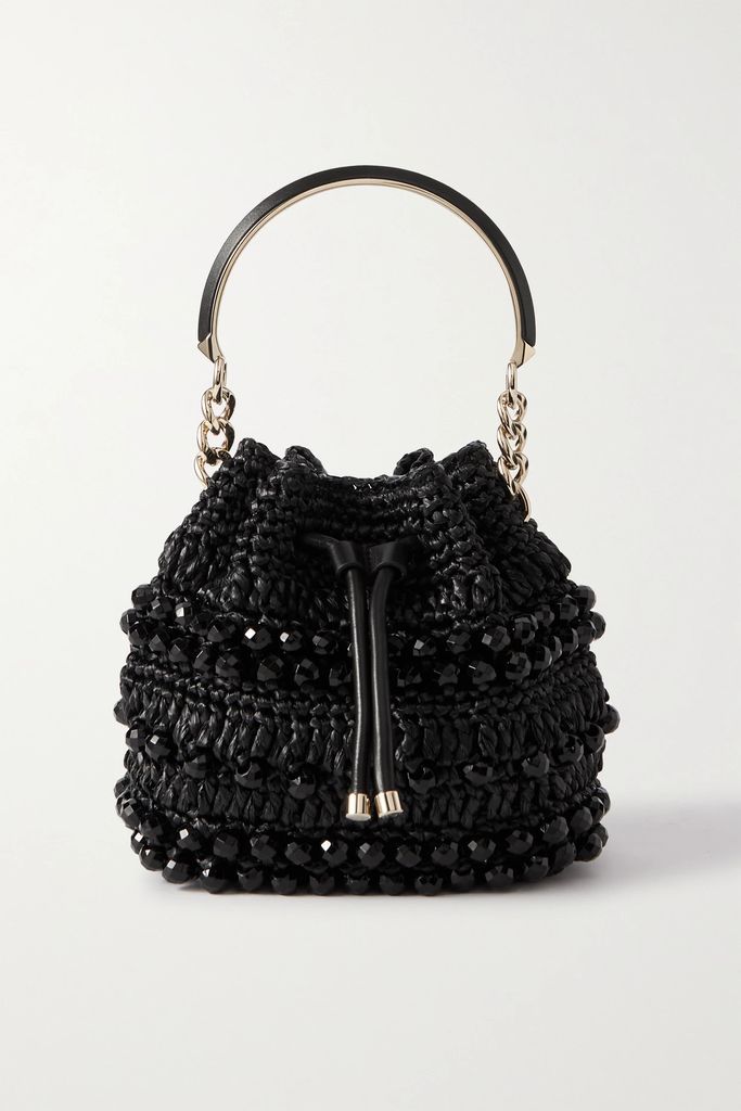 Bon Bon Leather-trimmed Bead-embellished Raffia Bucket Bag - Black
