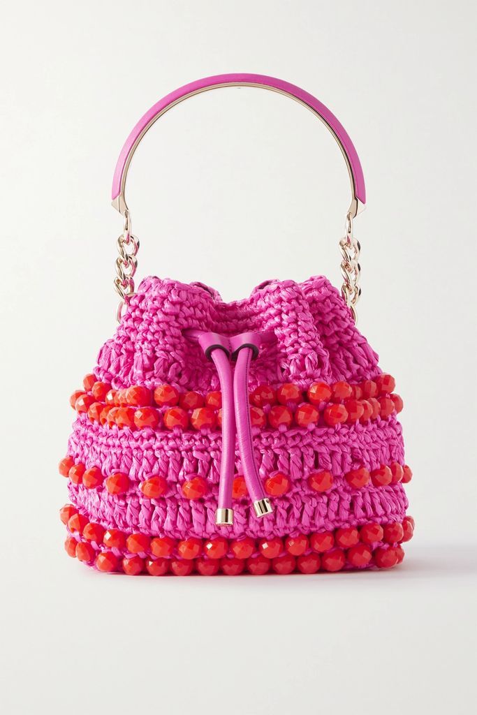 Bon Bon Leather-trimmed Bead-embellished Raffia Bucket Bag - Pink
