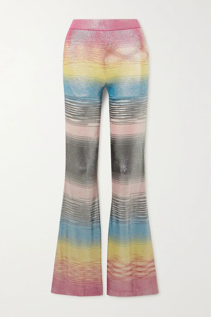 Striped Metallic Knitted Flared Pants - Yellow