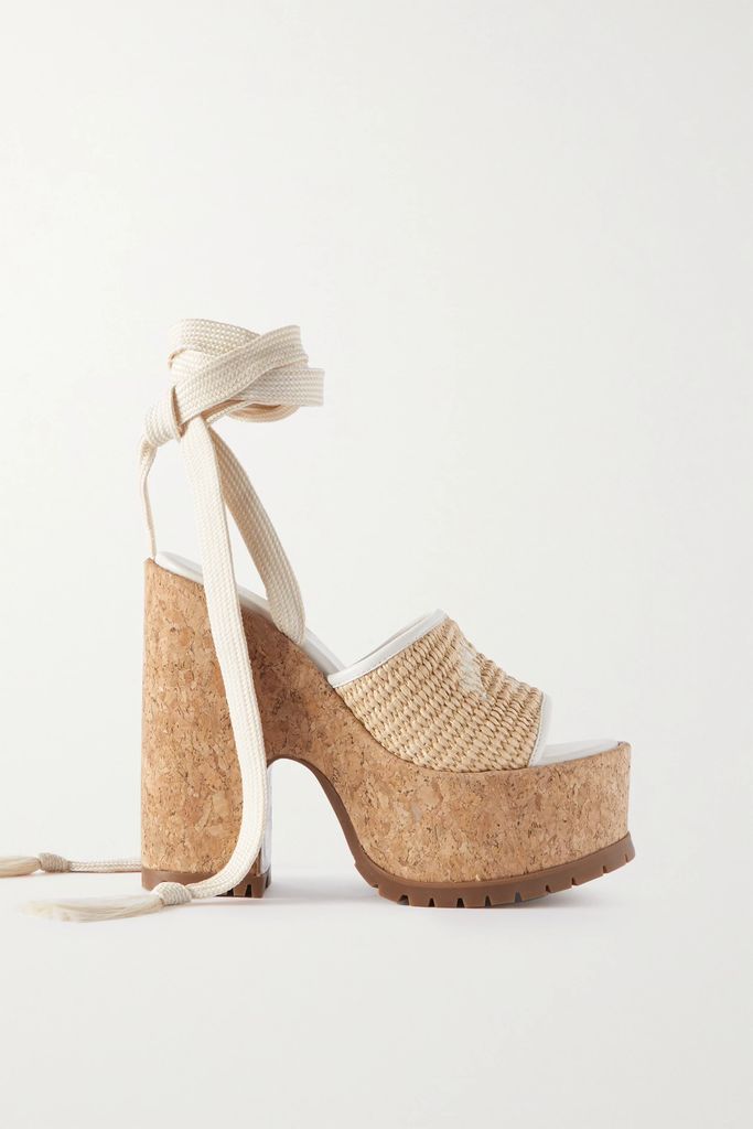 Gal 130 Canvas And Leather-trimmed Raffia Wedge Sandals - Neutral