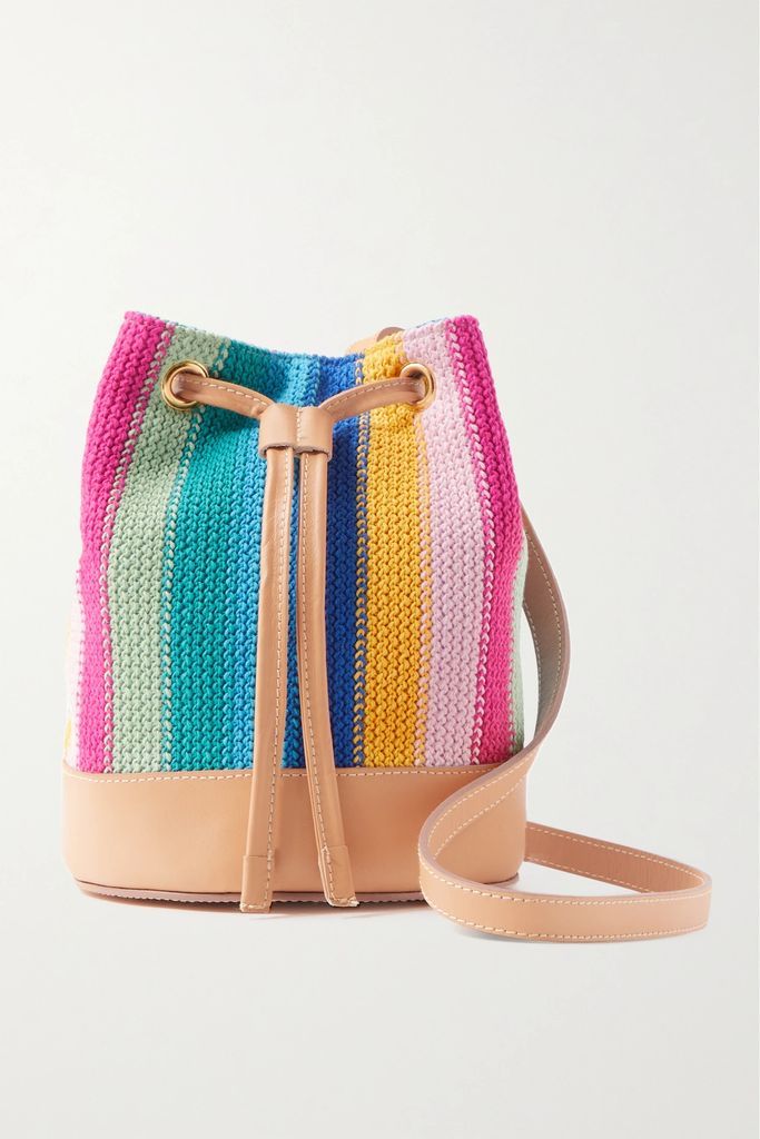Leather-trimmed Striped Crochet-knit Bucket Bag - Multi