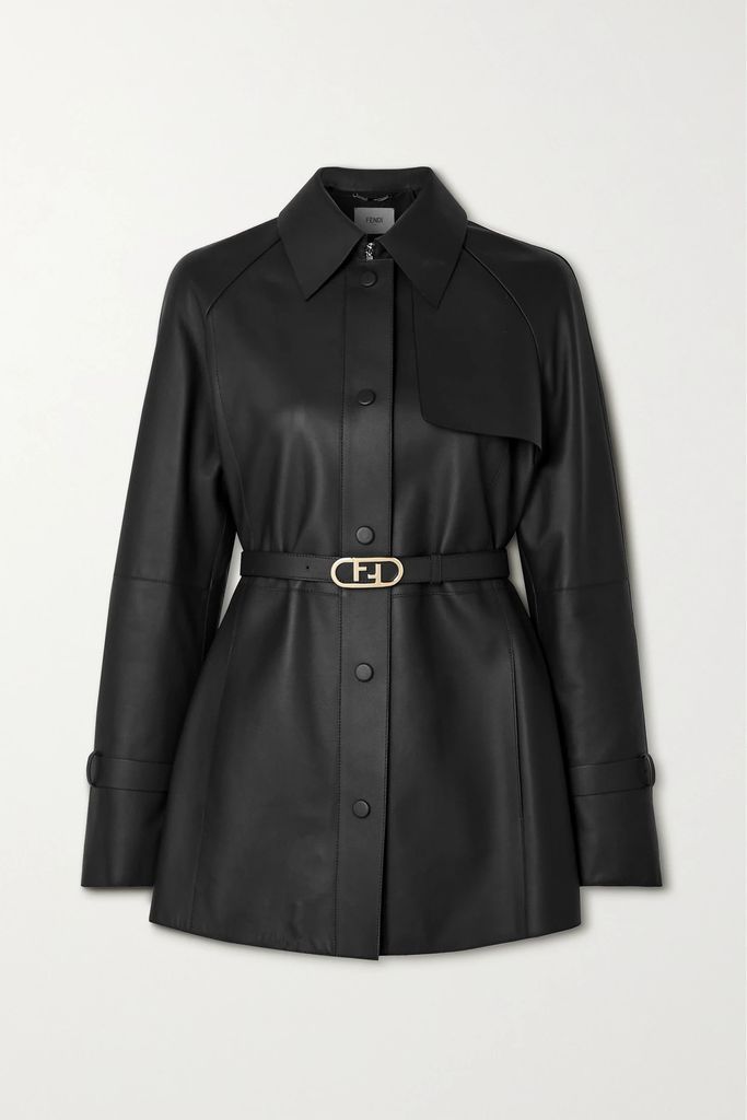 Belted Paneled Waxed-leather Jacket - Black