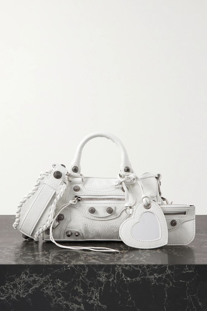 Arena Studded Cracked-leather Tote - White