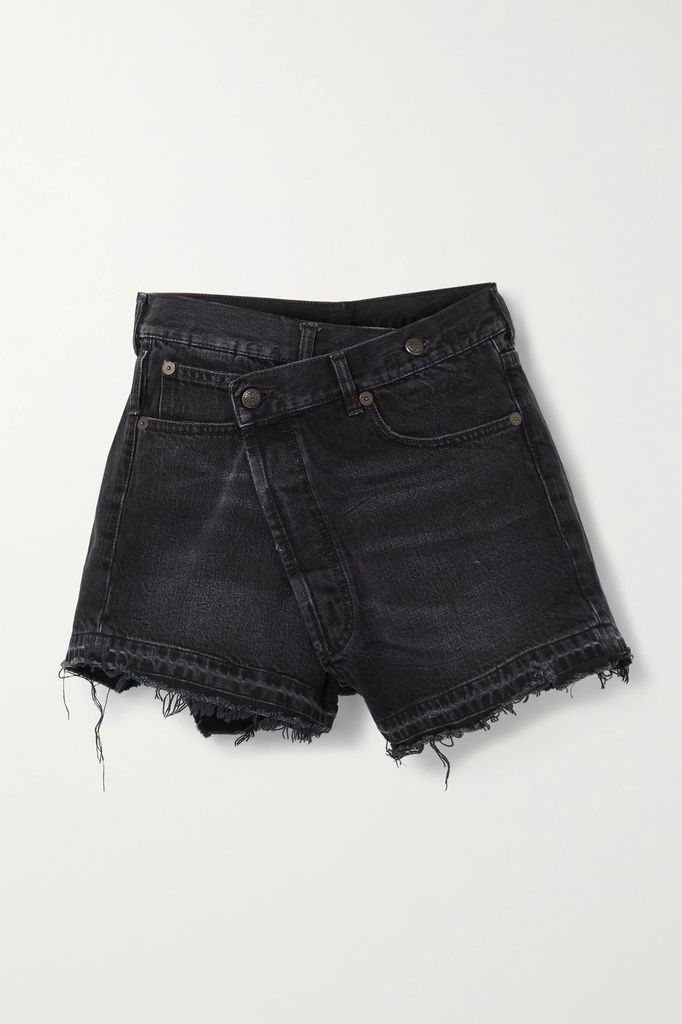 Crossover Asymmetric Distressed Denim Shorts - Black