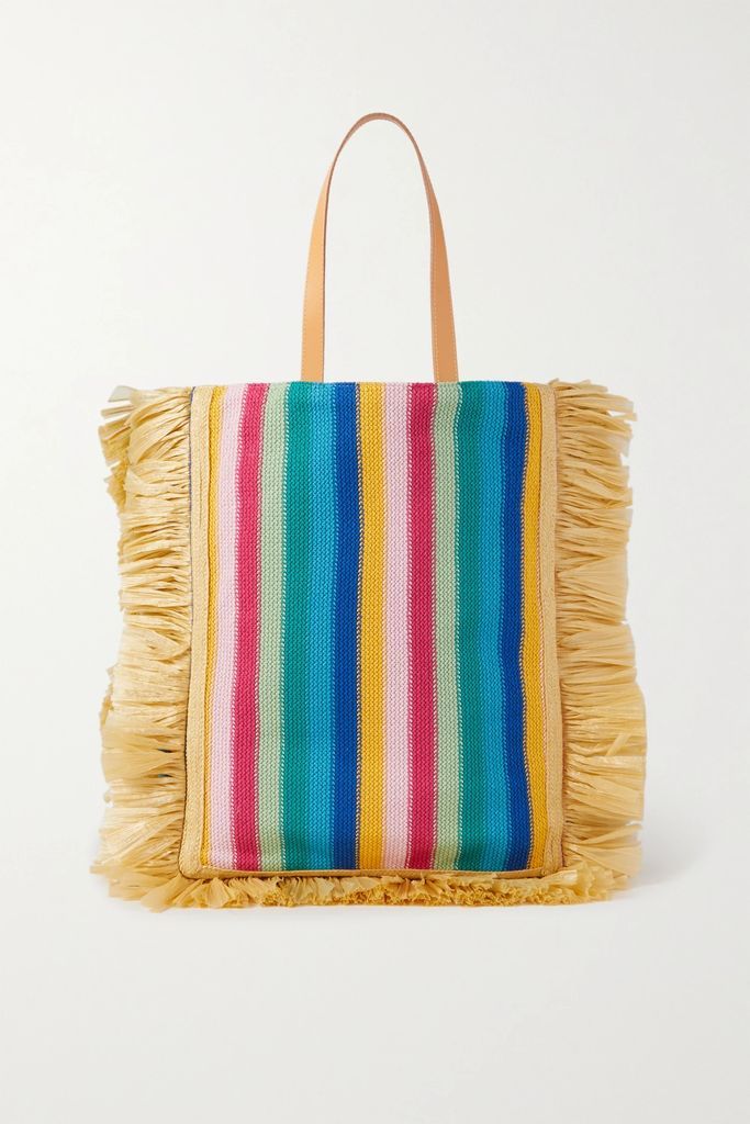 Riviera Leather-trimmed Fringed Striped Crochet-knit Tote - Multi