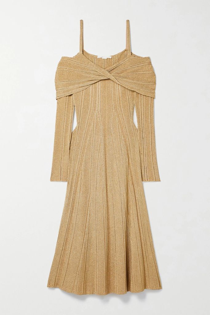 Cold-shoulder Metallic Ribbed-knit Midi Dress - Gold