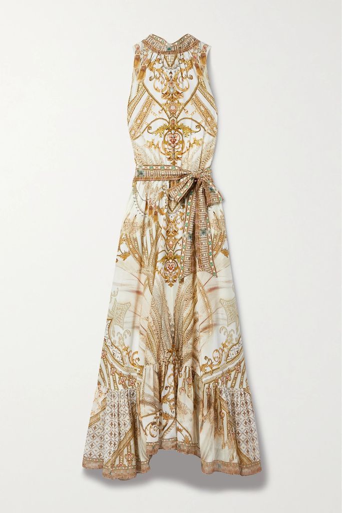 Crystal-embellished Printed Silk Crepe De Chine Maxi Dress - Beige
