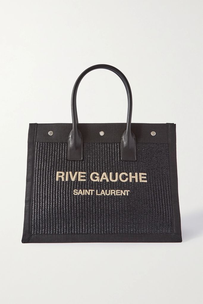 Rive Gauche Small Leather And Canvas-trimmed Embroidered Raffia Tote - Black