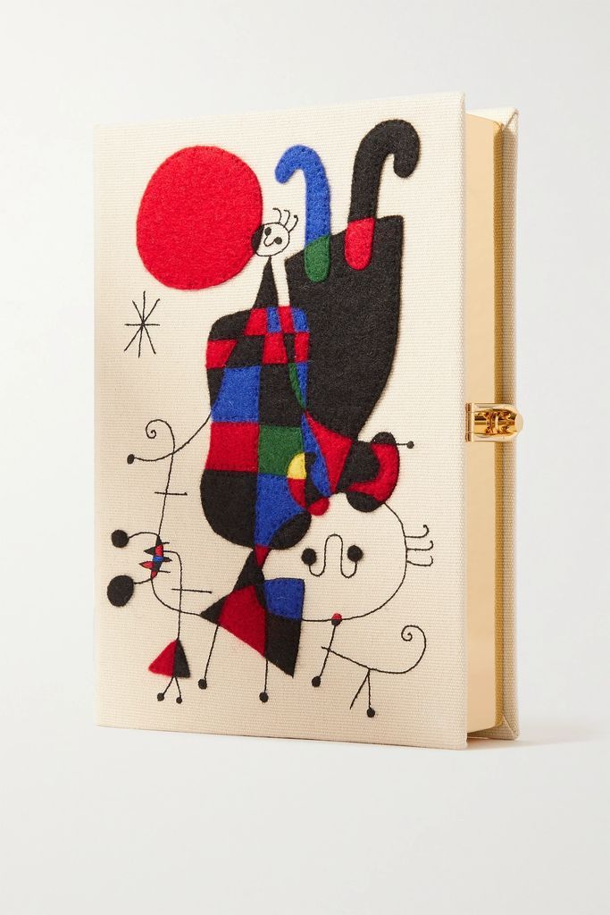 Figures And Dogs Joan Miró Embroidered Appliquéd Canvas Clutch - White