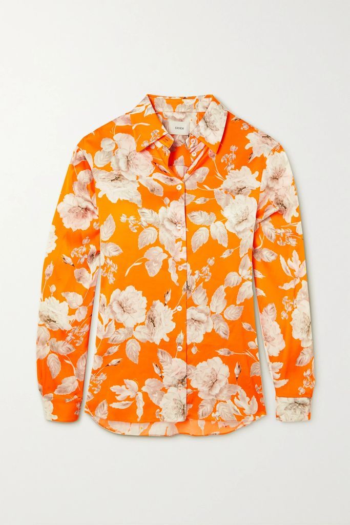 Lillia Floral-print Stretch-satin Shirt - Orange