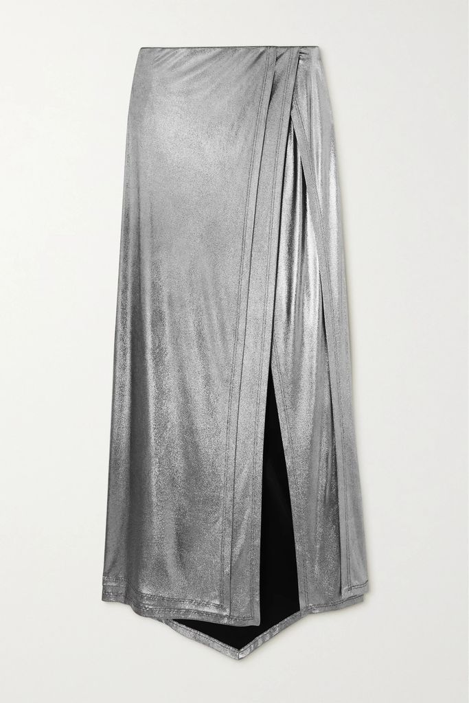 Asymmetric Wrap-effect Metallic Stretch-jersey Maxi Skirt - Silver