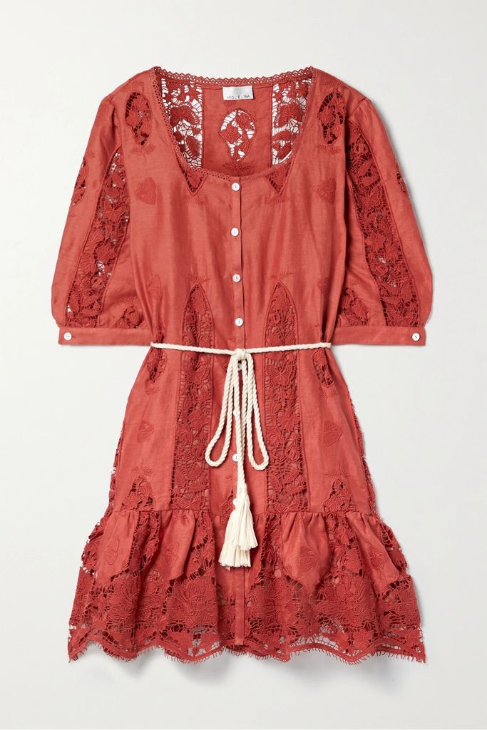 Dixie Belted Lace-trimmed Linen Mini Dress - Orange