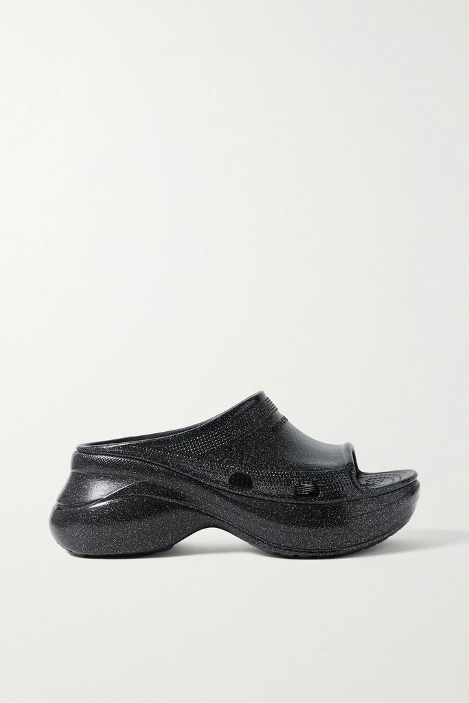 + Crocs Pool Perforated Iridescent Rubber Slides - Black