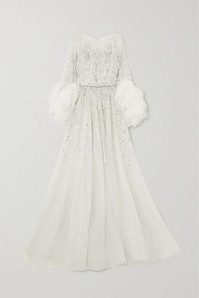 Lillian Feather-trimmed Embellished Glittered Tulle Gown - White