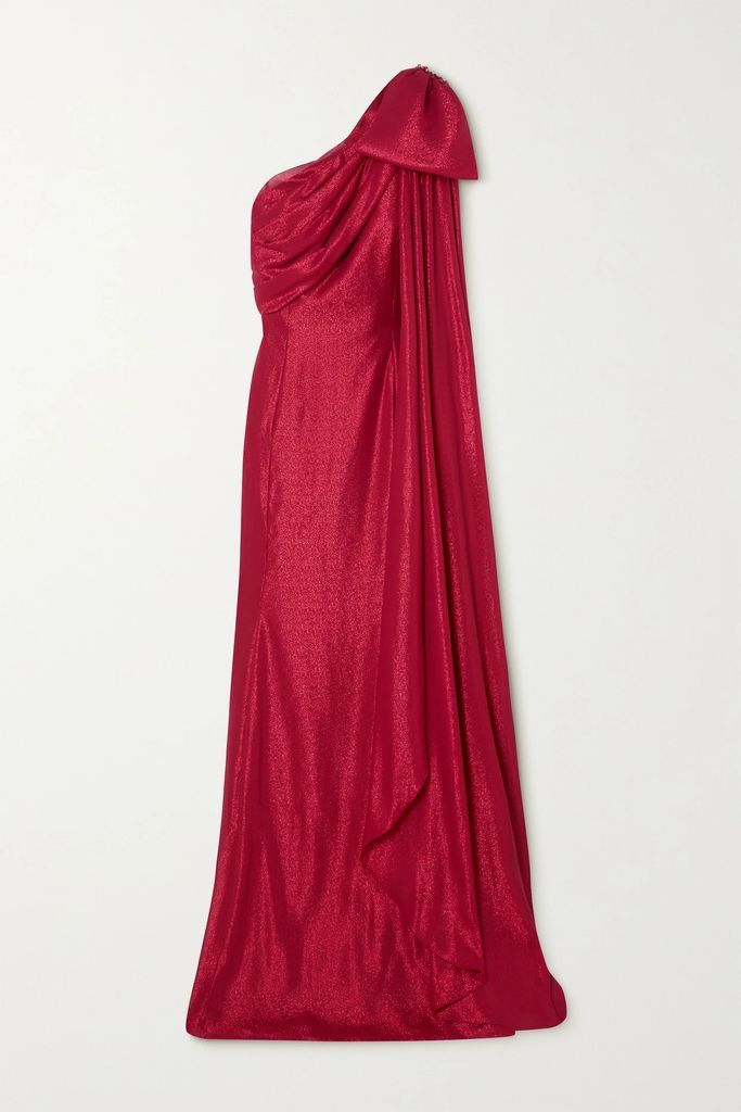 Imogen One-shoulder Bow-embellished Glittered Lamé Gown - UK 10