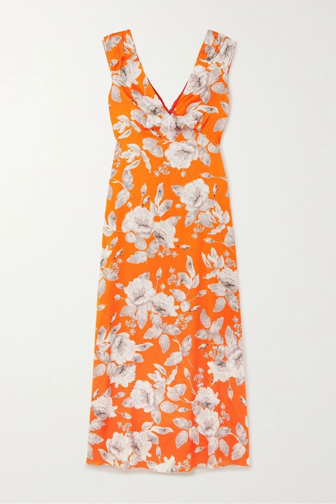 Garnelle Floral-print Stretch-satin Midi Dress - Orange