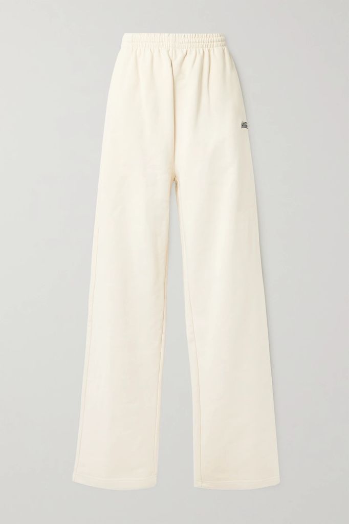 Embroidered Cotton-jersey Track Pants - Cream