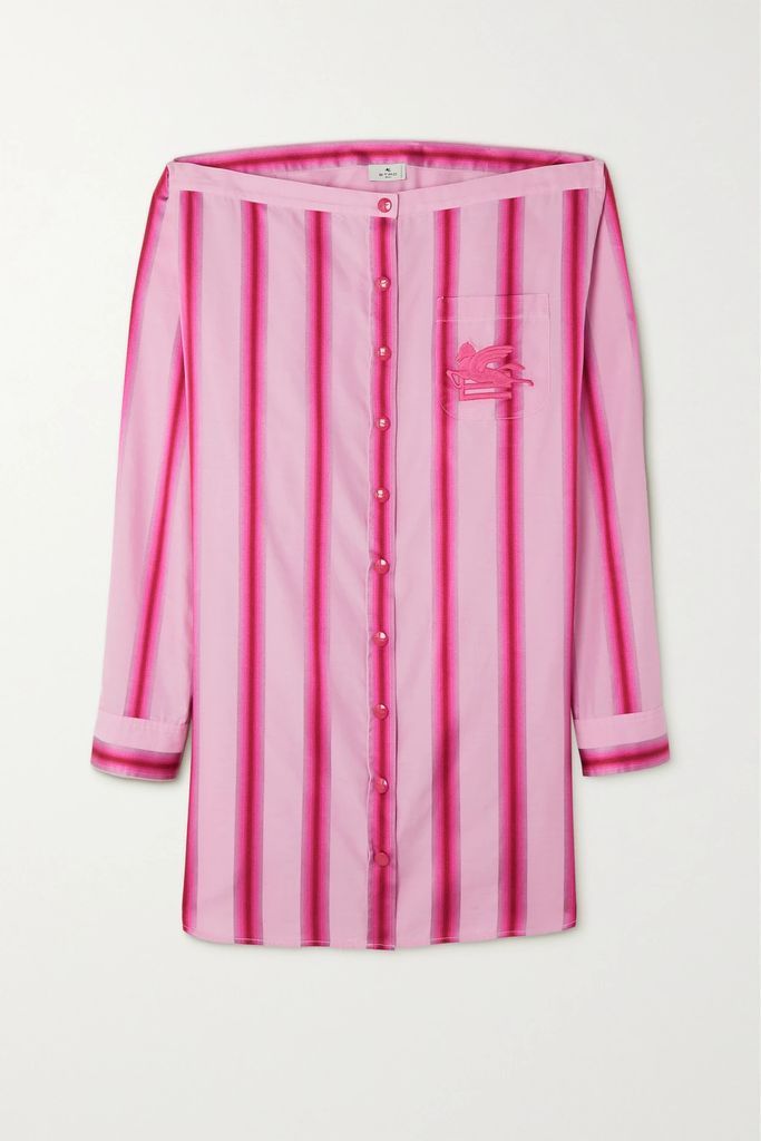 Off-the-shoulder Embroidered Striped Cotton And Silk-blend Mini Shirt Dress - Pink