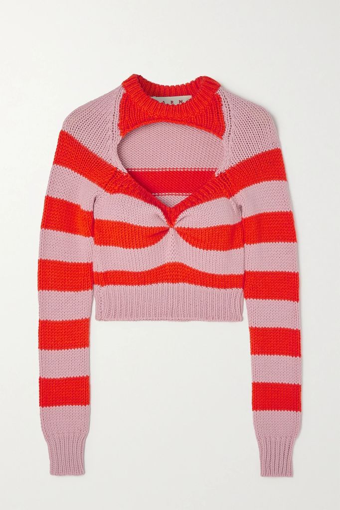 Cropped Cutout Striped Wool Sweater - Pink