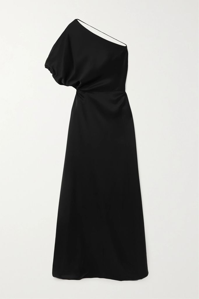 One-shoulder Draped Satin Gown - Black