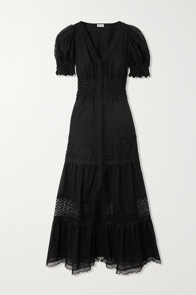 Clemence Tiered Guipure Lace-trimmed Cotton-blend Voile Maxi Dress - Black