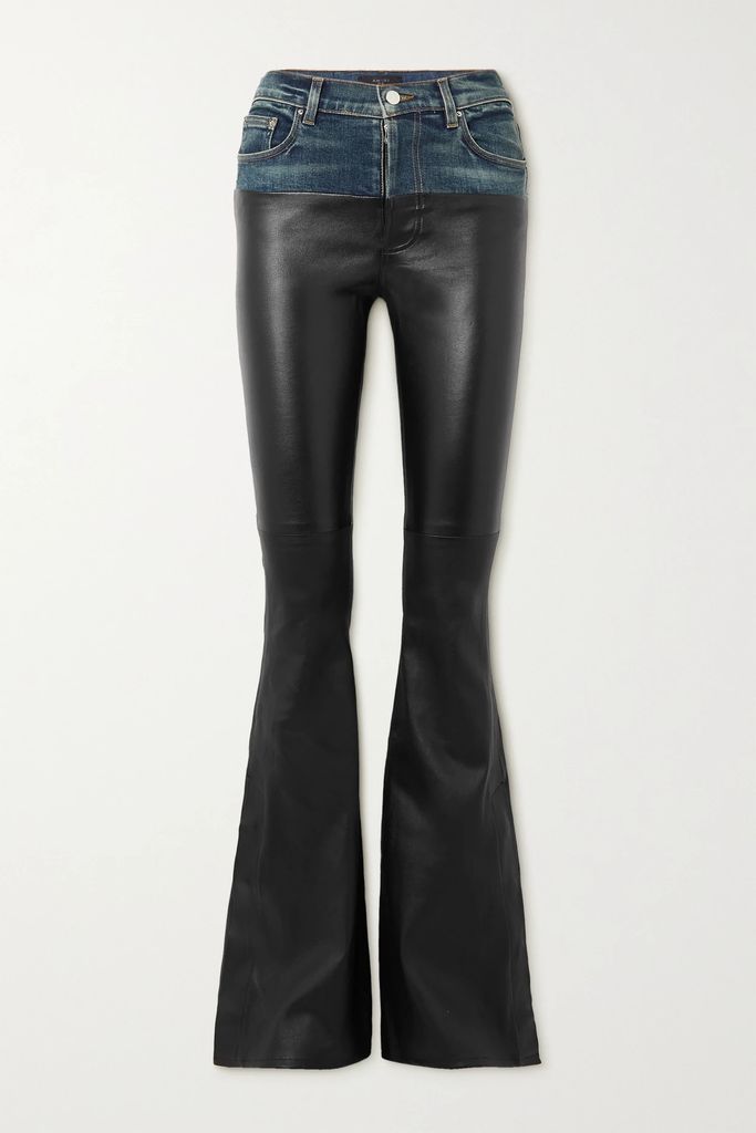 Hybrid Denim-trimmed Leather Flared Jeans - Black