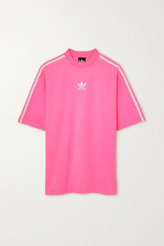 + Adidas Striped Embroidered Neon Cotton-jersey T-shirt - Pink
