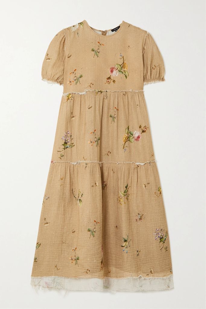 Distressed Floral-print Cotton-voile Dress - Beige