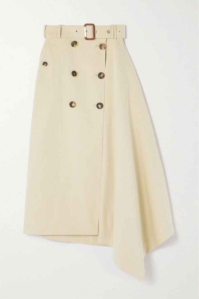 Asymmetric Belted Cotton-gabardine Midi Skirt - Neutral