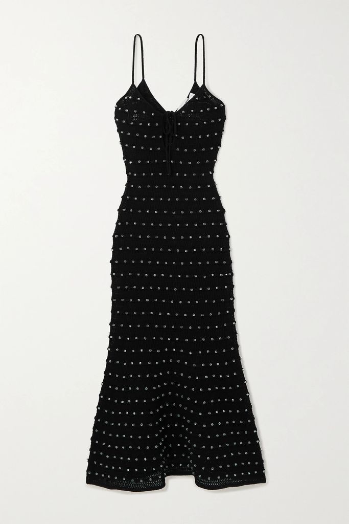 Crystal-embellished Pointelle-knit Cotton-blend Midi Dress - Black