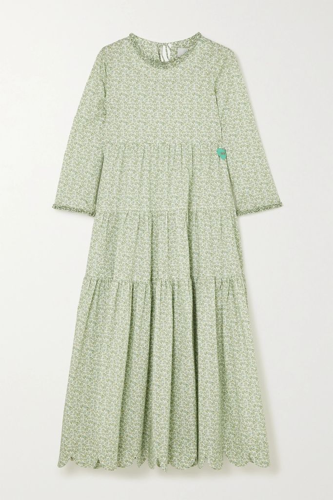 Giorgia Scalloped Tiered Floral-print Cotton Midi Dress - Green