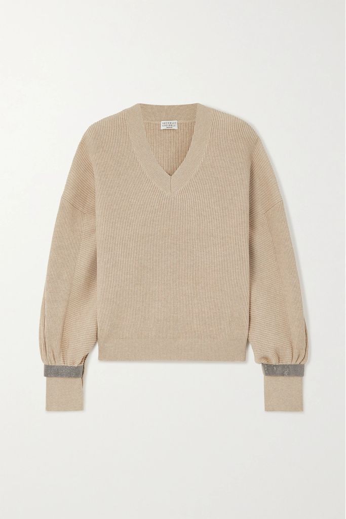 Bead-embellished Ribbed Cotton Sweater - Camel