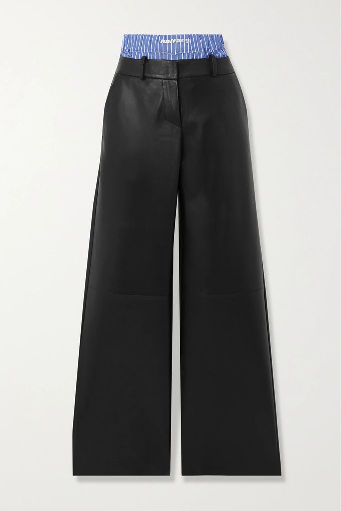 Cotton And Leather Wide-leg Pants - Black