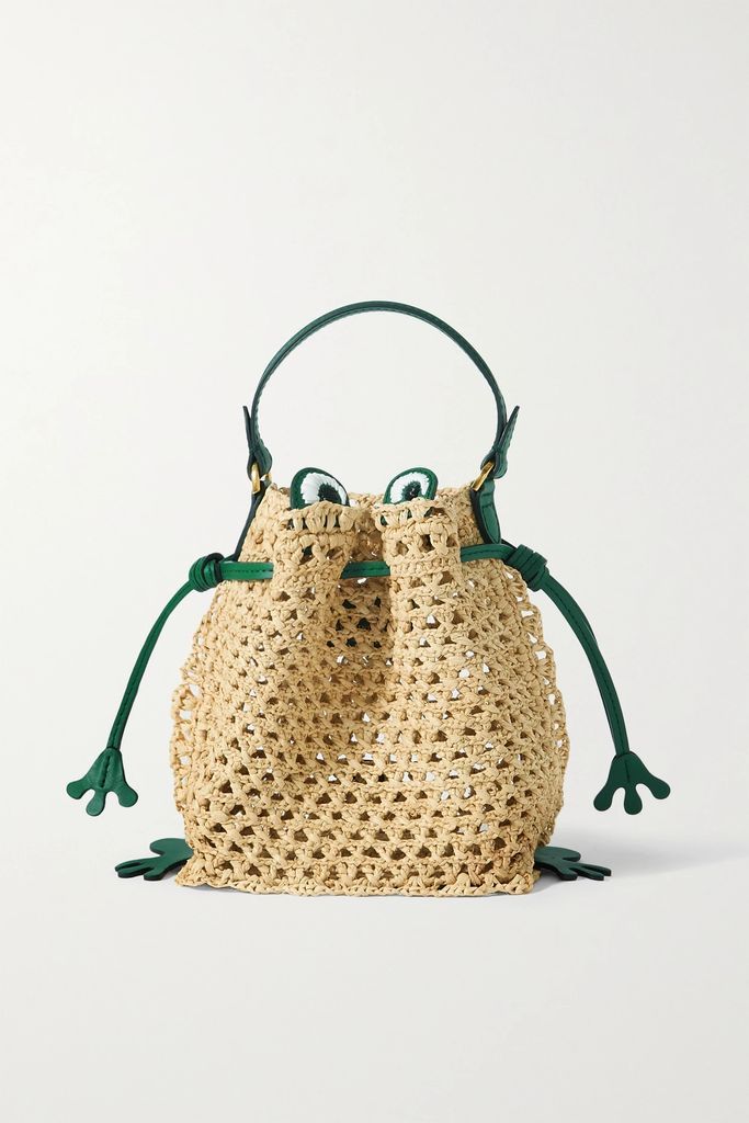 Frog Embroidered Leather-trimmed Raffia Tote - Neutral