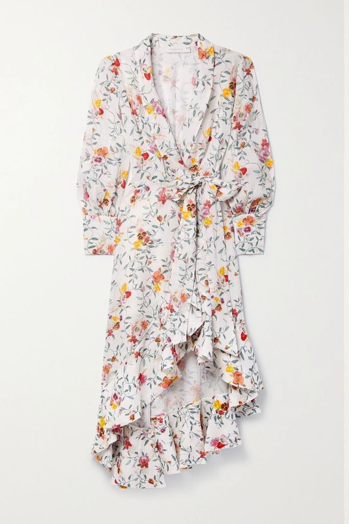 Asymmetric Embellished Floral-print Linen Wrap Dress - White